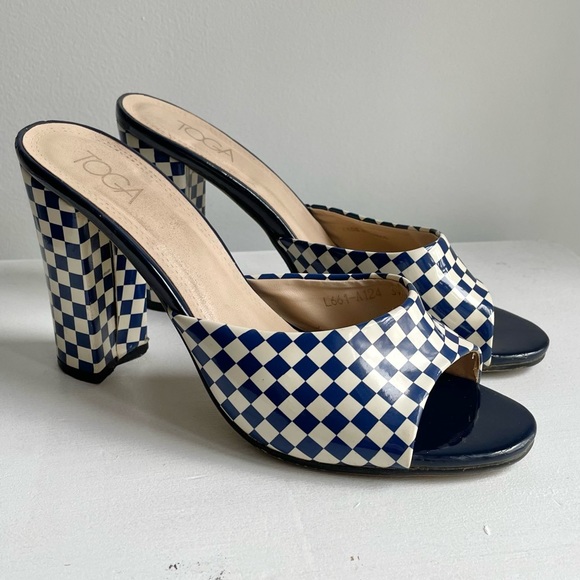 TOGA Shoes - Toga Blue & Cream Checker Print Vinyl Mules Heels